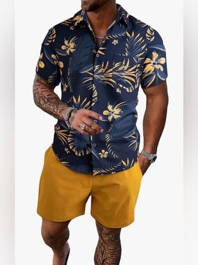Manfinity Hawaiian, resort wear, two piece short set, size large